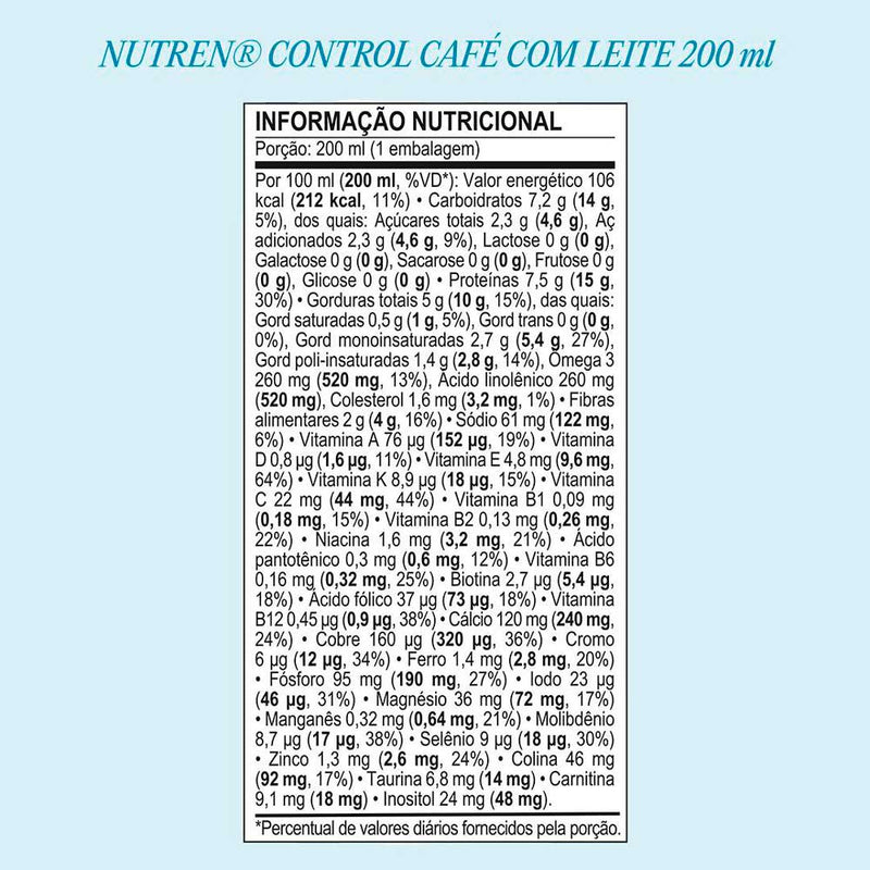 Nutren Control Café com Leite 200ml Nestlé - tabela de informação nutricional