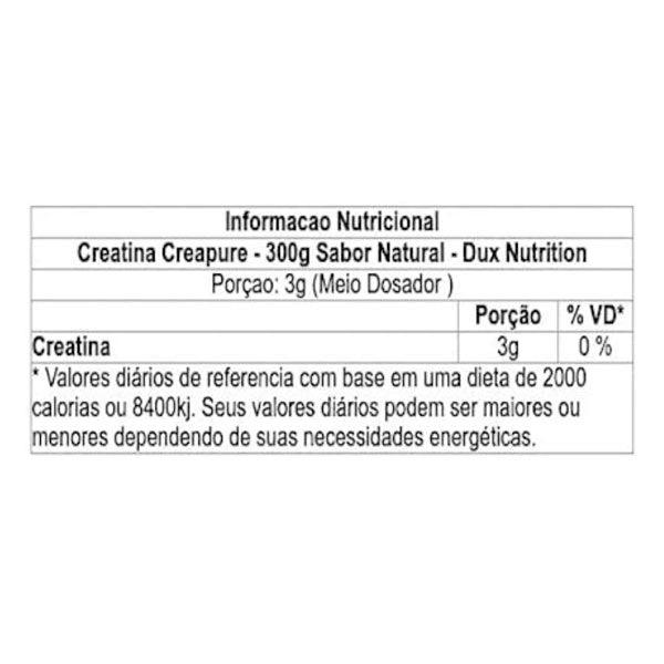 Tabela Nutricional Creatina Pura Pote 300g - Dux Nutrition