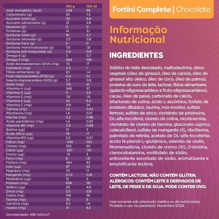 Fortini Complete Chocolate 400g - Danone tabela nutricional 