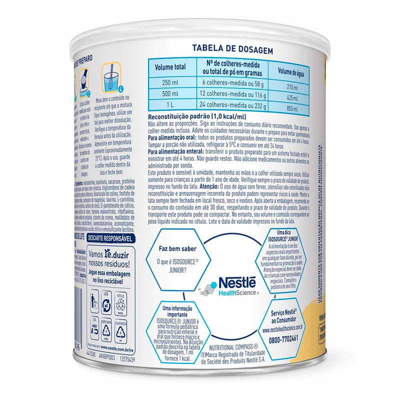 tabela de dosagem para prepraro Nutrição Enteral Isosource Junior Baunilha 400g