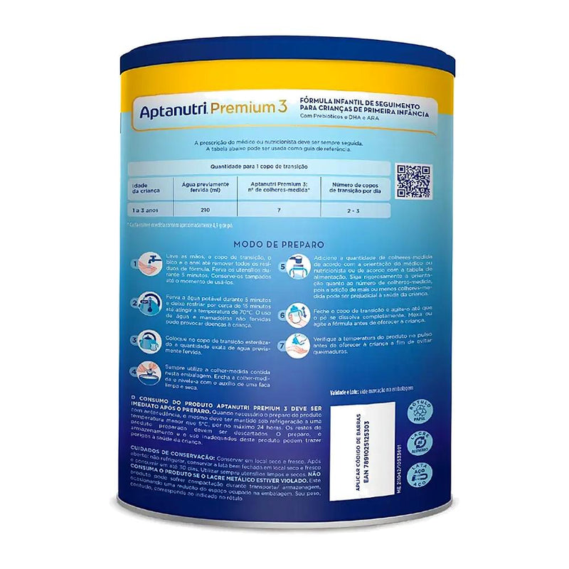 Aptanutri Premium 3 1,2kg Fórmula Infantil - Danone - verso da lata com modo de preparo
