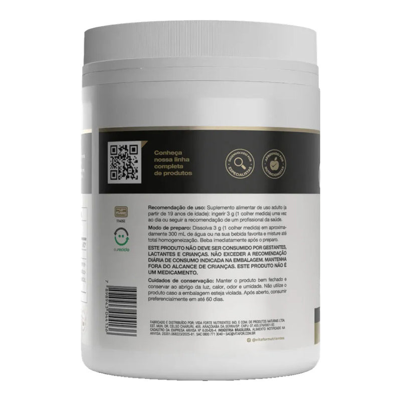 Creafort creatina 300g Vitafor – verso do pote com modo de preparo e recomendação de uso