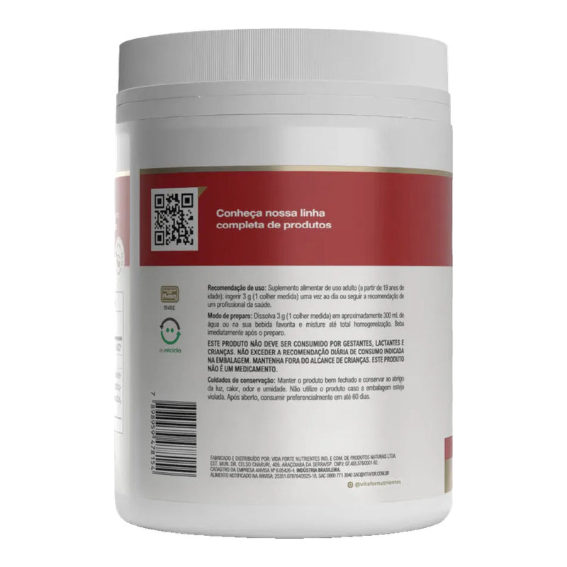 Creatine monohidratada 300g Vitafor – verso do pote com modo de preparo e recomendação de uso