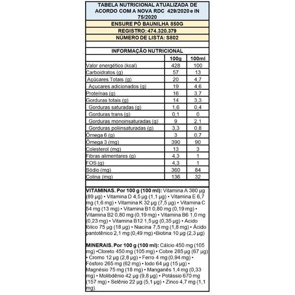 tabela nutricional Ensure Baunilha 400g 