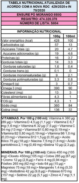 tabela nutricional Ensure Morango 850g - Abbott