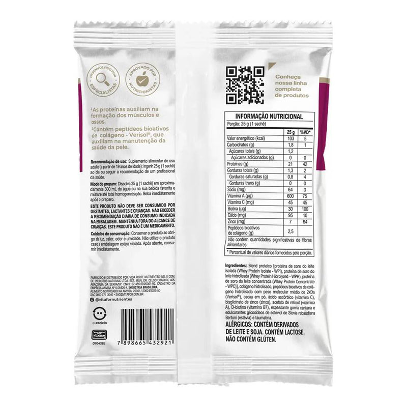 Isofort Beauty Cacau sachê 25g Vitafor – verso com tabela nutricional, ingredientes e modo de preparo