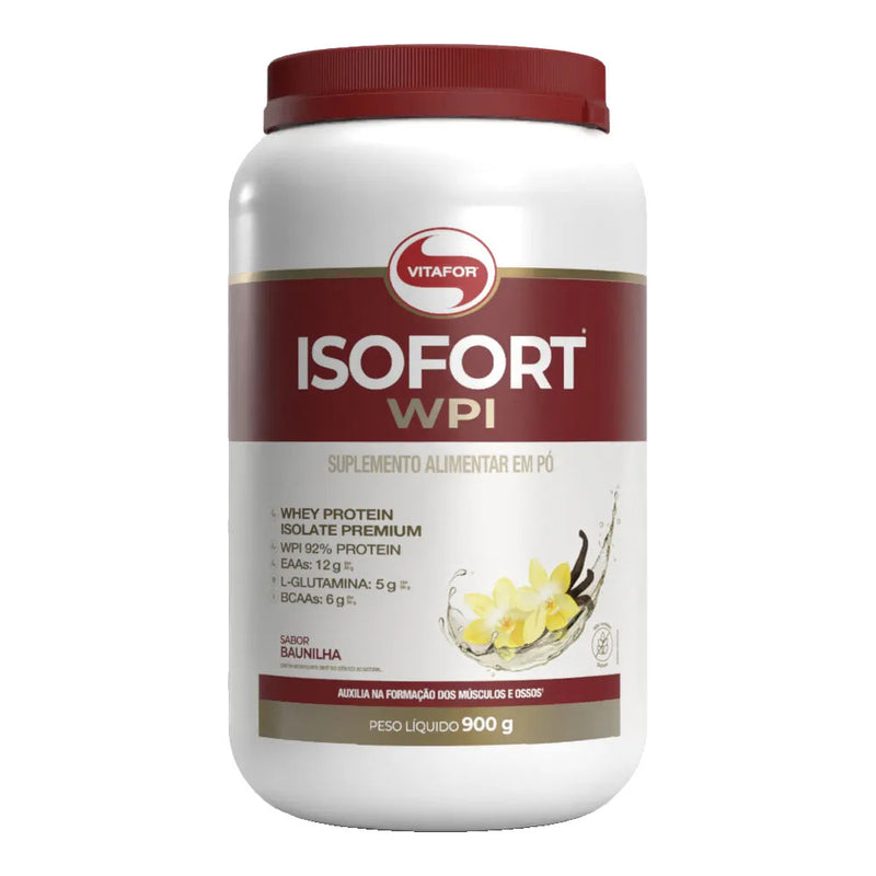 Isofort WPI sabor Baunilha 900g Vitafor – whey protein isolado, pote, vista frontal
