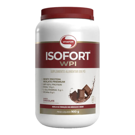 Isofort WPI sabor Chocolate 900g Vitafor – whey protein isolado, pote, vista frontal
