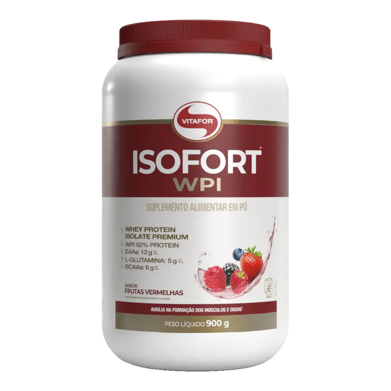 Isofort WPI sabor Frutas Vermelhas 900g Vitafor – whey protein isolado, pote, vista frontal