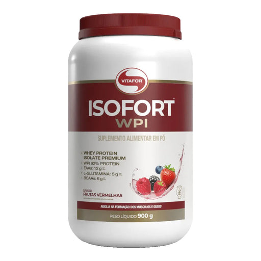 Isofort WPI sabor Frutas Vermelhas 900g Vitafor – whey protein isolado, pote, vista frontal