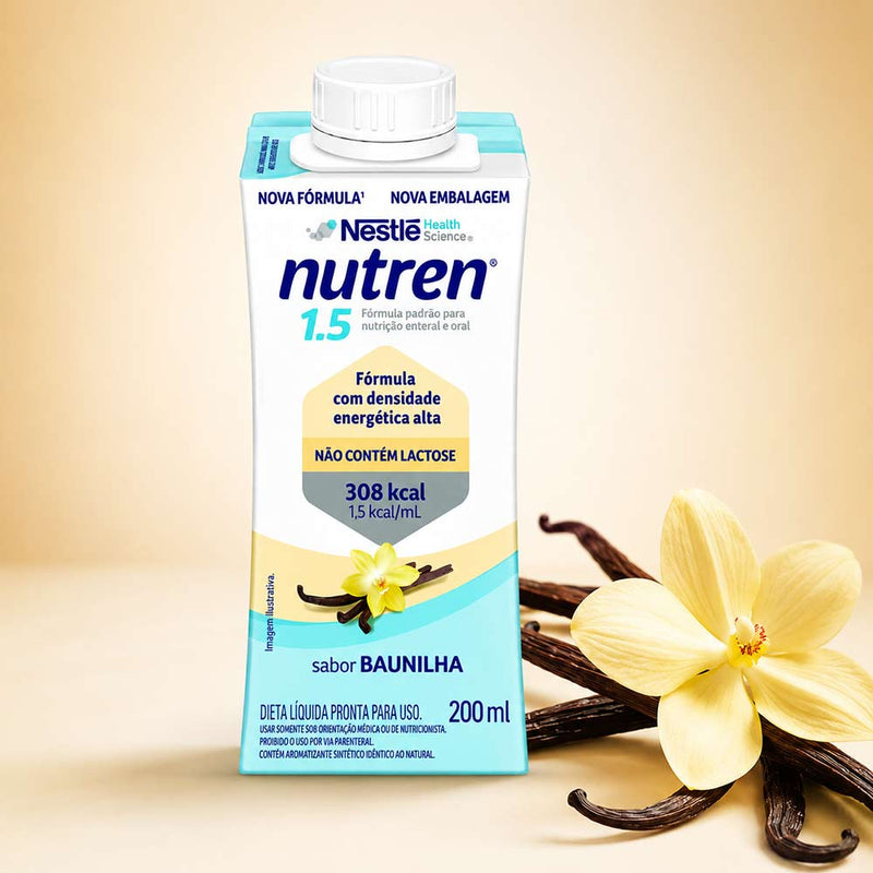 Nutren 1.5 Baunilha 200ml em cenário com favas e flor de baunilha
