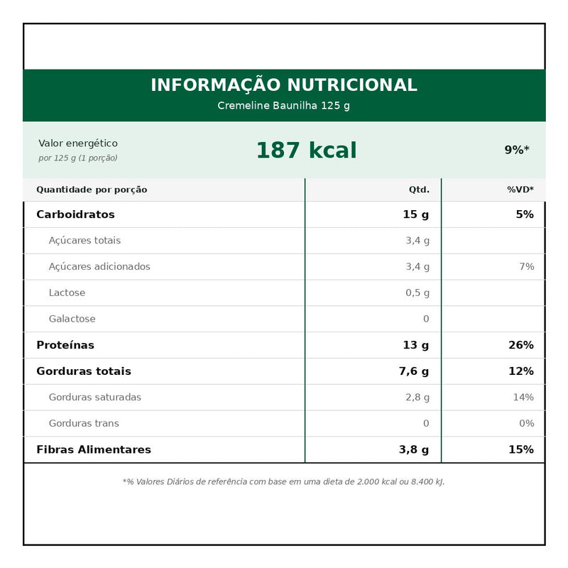 Cremeline DB Baunilha 125g Prodiet - tabela de informação nutricional