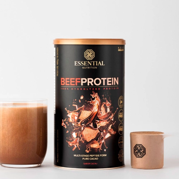 Beef Protein Pure Cacao Lata 480g - Essential Nutrition Produto Beef Protein Pure Cacao Lata 480g - Essential Nutrition