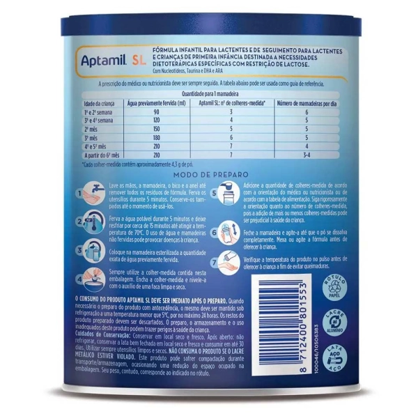 Fórmula Infantil Aptamil SL - 400g - Danone Produto Fórmula Infantil Aptamil SL - 400g - Danone