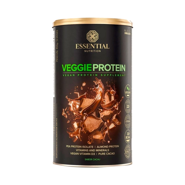 Veggie Protein Cacao 455g - Essential Nutrition Produto Veggie Protein Cacao 455g - Essential Nutrition